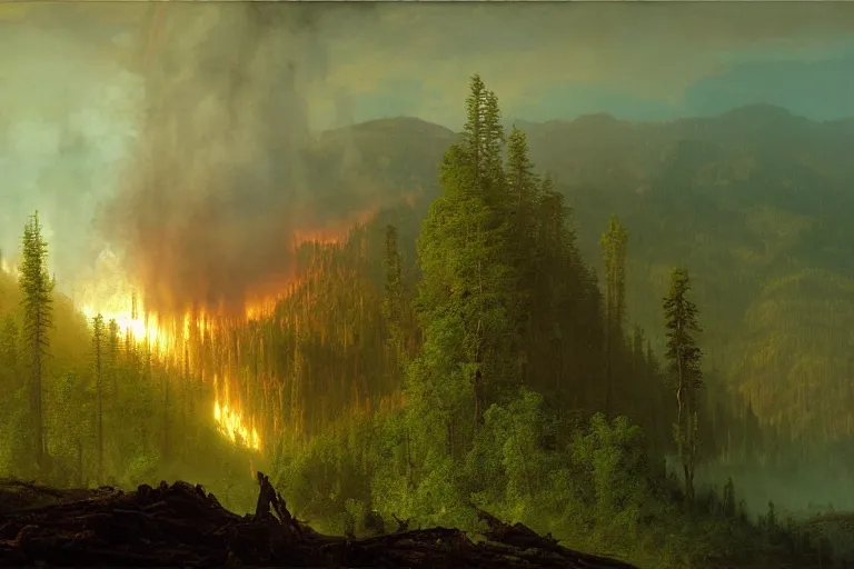 Image similar to the old world will burn in the fires of industry. forests will fall. a new order will rise. matte painting, highly detailed, cinematic lighting, by albert bierstadt, frederic edwin church