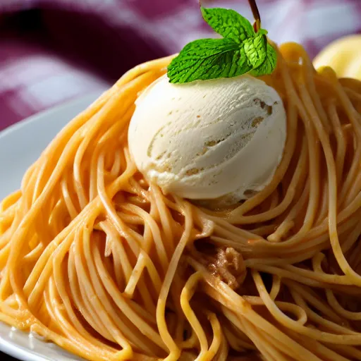 Image similar to single scoop of vanilla ice cream on top of a plate of steaming spaghetti, high resolution photograph, picnic at sunset