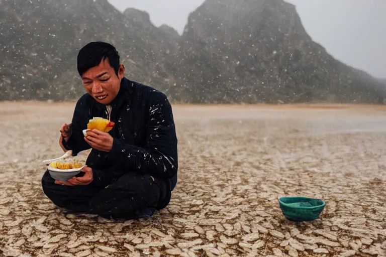 Image similar to asian man eating rice in the desert while its raining and snowing