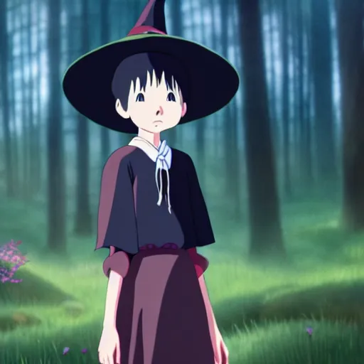 Prompt: A young adult witch with a cottage-core aesthetic, Hayao Miyazaki, character design, fantasy, 8k resolution