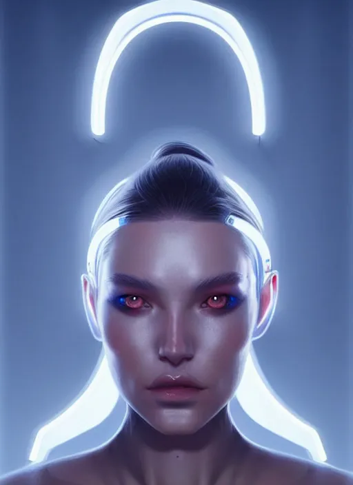 Image similar to portrait of modern scandinavian female humanoid, very futuristic, elegant, cyber neon lights, highly detailed, digital photography, trending in artstation, trending in pinterest, glamor pose, concept art, smooth, sharp focus, art by artgerm and greg rutkowski