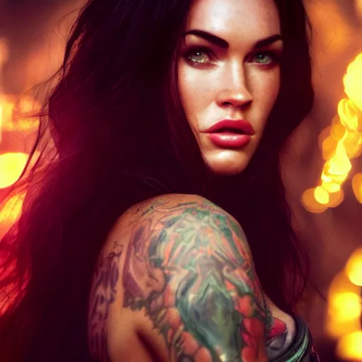 Prompt: portraite of megan fox dark atmosphere, cinematic shot, intricate, ornate, photorealistic, ultra detailed, realistic, 35mm, photography, neon, octane, high definition, depth of field, bokeh, 8k, artstation, ((alphonse mucha))