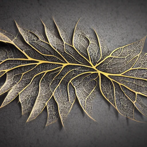 Image similar to beautiful digital illustration of Intricate a whole fantasy leaf, encrusted jewels, illustration, detailed veins, sharp focus, octane render, high quality, 8k, volumetric lighting, on black background