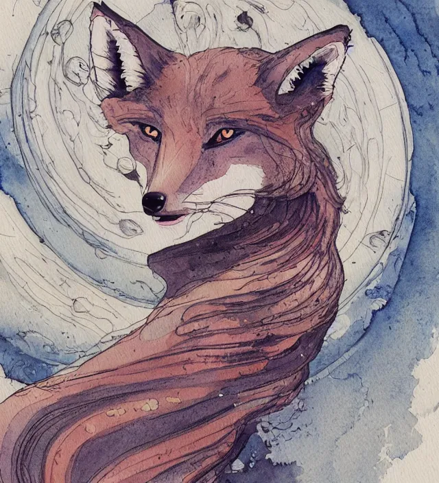 Prompt: a 3 / 4 view watercolor ink painting of an anthromorphic fox as a witch in the style of jean giraud in the style of moebius trending on artstation deviantart pinterest detailed realistic hd 8 k high resolution