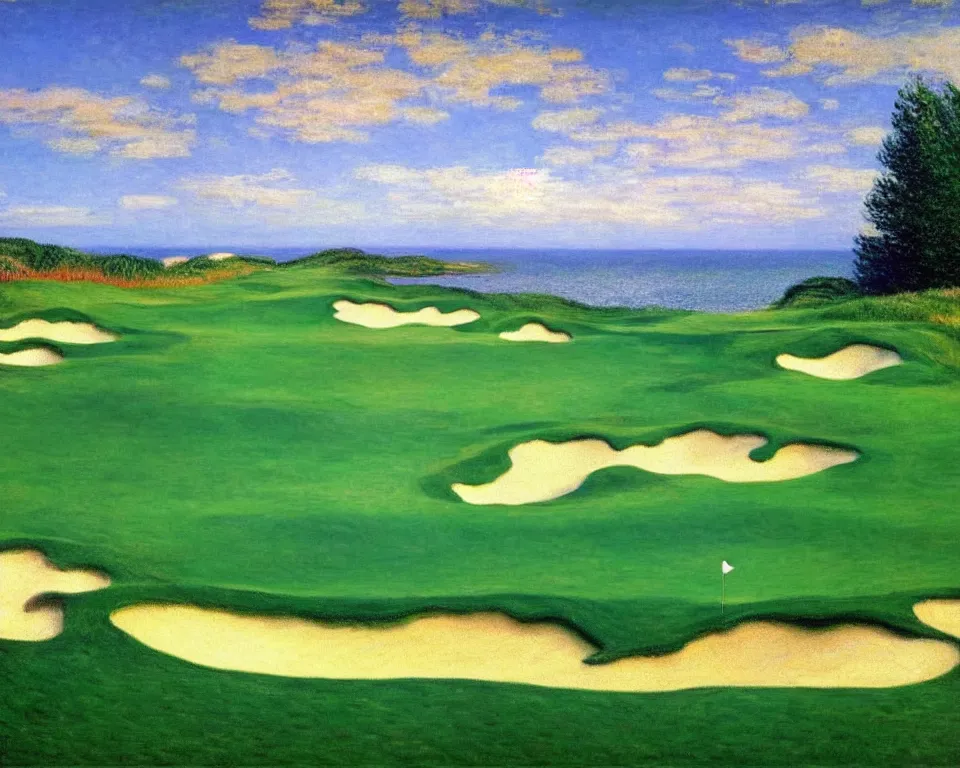 Image similar to achingly beautiful painting of pacific dunes golf course by rene magritte, monet, and turner.