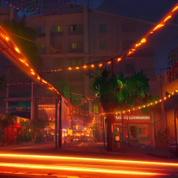 Image similar to Downtown Mexico, string lights, colorful lighting, night, realism, gta 5 screenshot, by Tooth Wu, by Lienzo Óleo Paisaje, by Greg Rutkowski