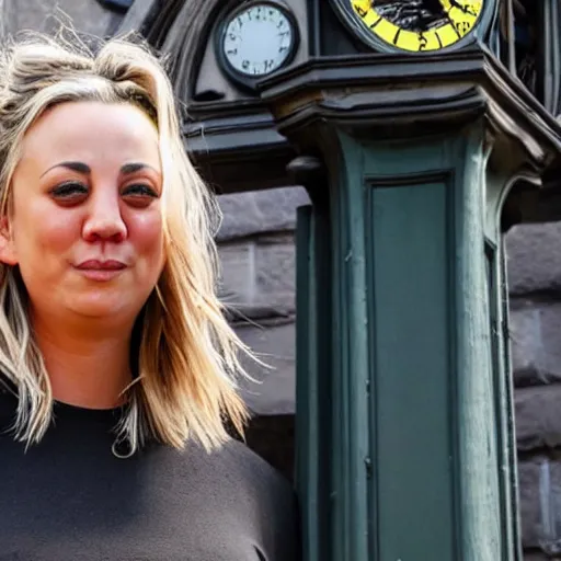 Image similar to A detailed photo of Kaley Cuoco under the Eastgate clock in Chester. Behind her we see a black panther