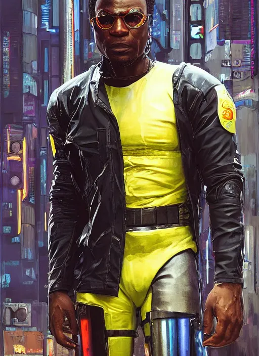 Image similar to Chidi Igwe. Buff Cyberpunk policeman with robotic legs and plastic raincoat. Patrolling rainy city streets. (Cyberpunk 2077, bladerunner 2049). handsome face. Iranian orientalist portrait by john william waterhouse and Edwin Longsden Long and Theodore Ralli and Nasreddine Dinet, oil on canvas. Cinematic, vivid colors, hyper realism, realistic proportions, dramatic lighting, high detail 4k