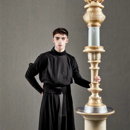 Image similar to attractive kai havertz wearing priest outfit holding large detailed ivory candlestick. natural lighting by ruan jia, portrait. 8 k high definition