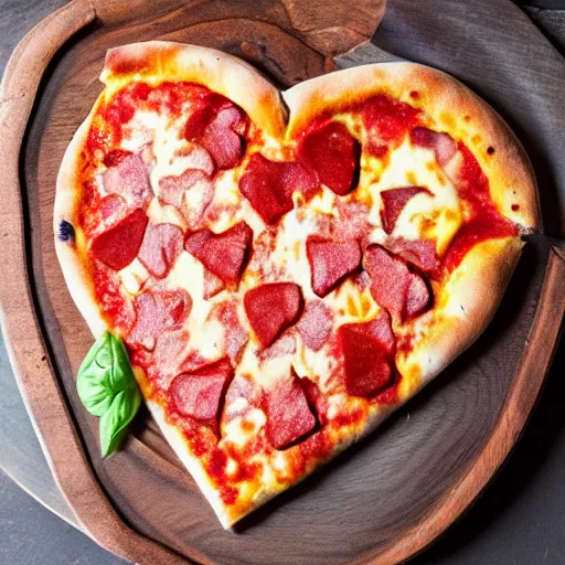 Image similar to heart shaped pizza with alot of cheese, on a wooden plate