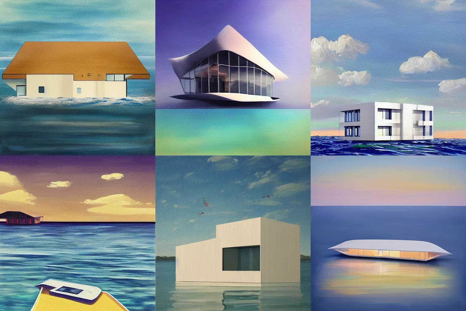 Prompt: “a beautiful painting of a house, floating on the sea, designed by norman foster, trending on artstation”