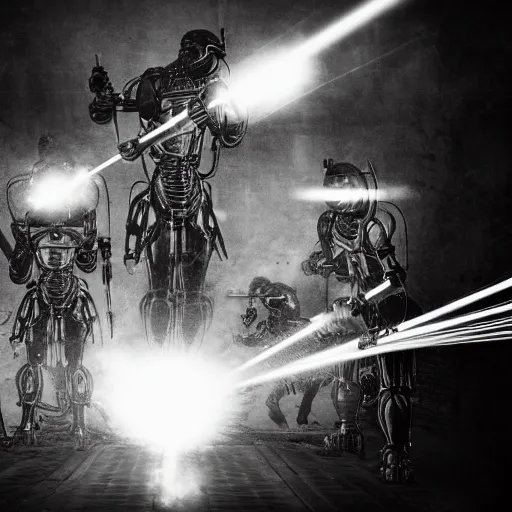 Image similar to grainy 1800s photo of a cybernetic warriors shooting humans with laser weapons in a smoky city