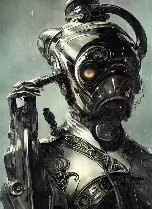 Image similar to a cyborg with mask, black leather garment with art nouveau ivory accessories, cyberpunk, darksynth, luxury, concept art by jama jurabaev, extremely detailed, ominous, ethereal, andree wallin, edvige faini, masamune shirow, alphonse mucha