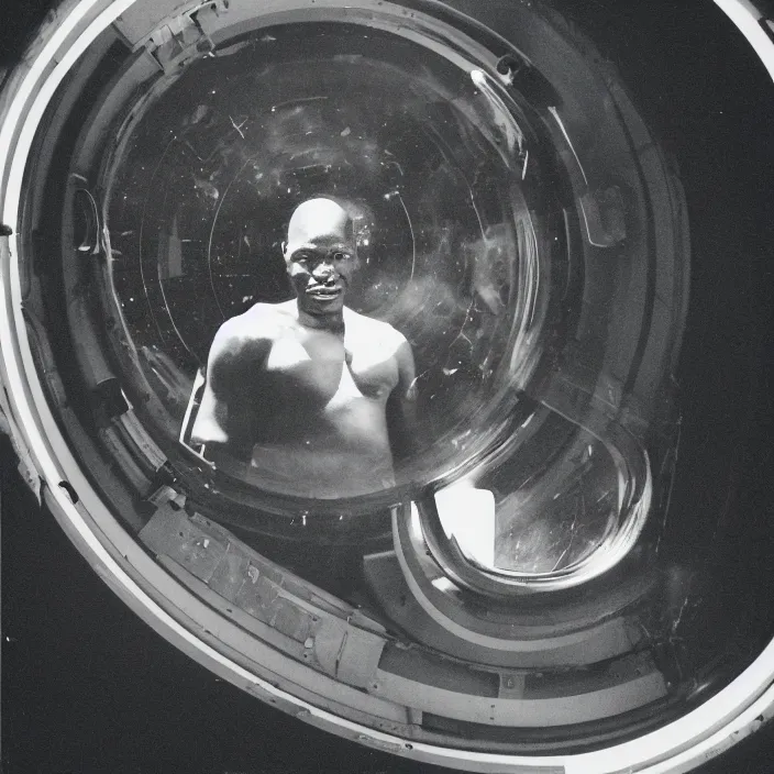 Prompt: analogue photo of an African tribal man in a spaceship looking at planet earth through its porthole window, photo shot by martha cooper, 35mm,