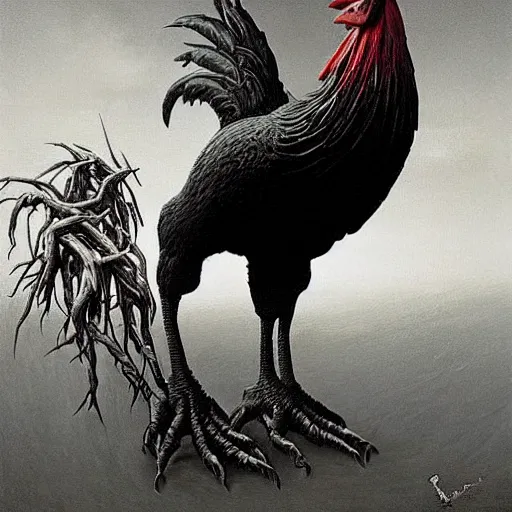 Image similar to big black rooster as a giant monster, creepy!!!, sharp teeth, gory, zdzisław beksinski, keith thompson, terrifying!!!