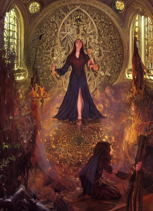 Prompt: mindcontrol inside covens den, intricate wiccan scene detailing, textless, hyperornate wiccan photorealistic mindcontrol, highly detailed, photorealistic, diffuse lighting, hdrp, artstation, unreal 5, smooth, sharp focus, art by john collier, albert aublet, krenz cushart, artem demura, alphonse mucha