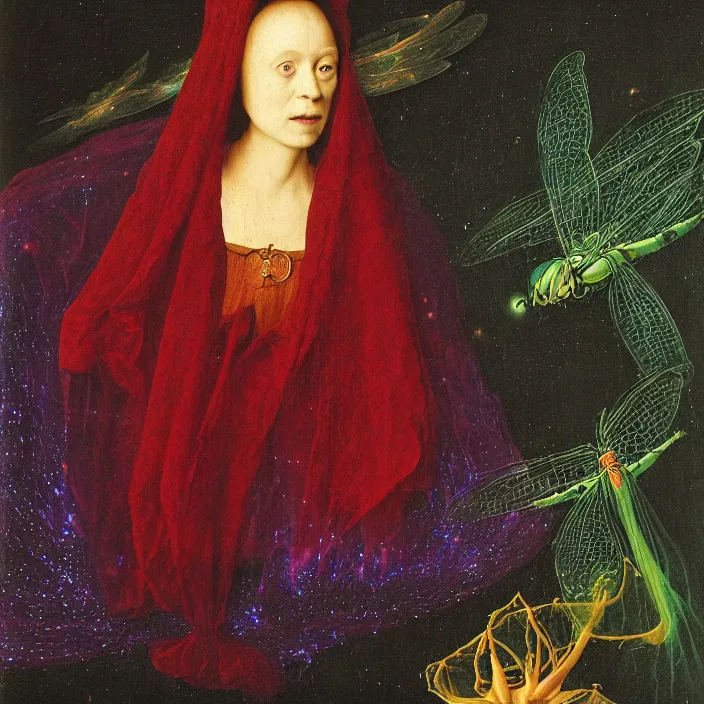 Prompt: a closeup portrait of a cloaked woman floating next to a dragonfly nebula, dragonfly nebula, by jan van eyck