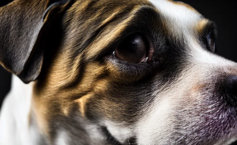 Prompt: studio photography of a sad dog, detailed face, cinematic lighting, 8 k