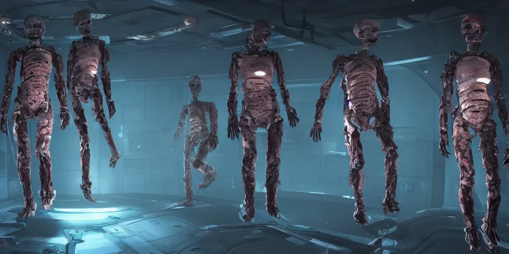 Image similar to dead space necromorph mannequins in a space ship, cinematic still, cinematic lighting, dark palette, realistic, 4 k.