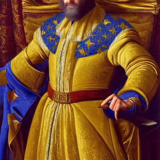 Image similar to highly detailed painting of the french king, he is wearing a blue robe with yellow stars across it, 4 k resolution, by jaquis luis david, visible paint layers, renaissance.