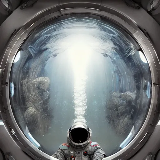 Image similar to concept art by craig mullins diver astronaut in underwater futuristic dark and empty spaceship. infrared complex and hyperdetailed technical suit design. mandelbulb fractal. reflection and dispersion materials rays and dispersion of light breaking through the deep water. 5 0 mm, f / 3 2. noise film photo. flash photography. trend artstation