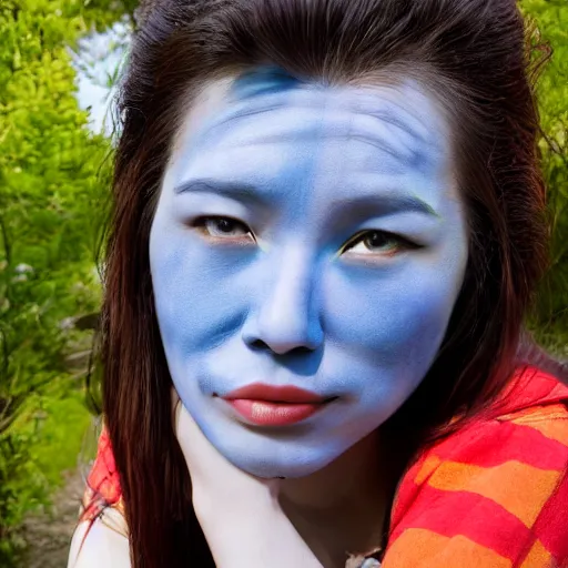 Image similar to photograph of an woman with blue skin, wearing a checked shirt, fantasy, portrait, peter xiao