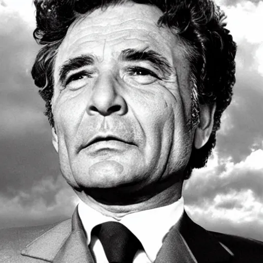 Prompt: heaven!!!!!!!!, clouds, golden gate, columbo as an angel at the gates of heaven, peter falk as columbo, symmetrical face!!!!, round symmetrical eyes!!!, color