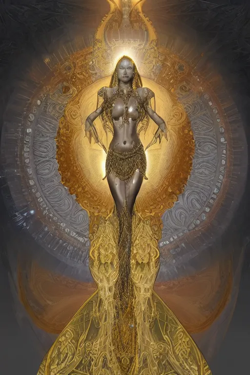 Prompt: a realistic photo of a beautiful ancient alien woman goddess kate moss nataraja standing in iris van herpen dress jewelery and fractals in style of alphonse mucha art nuvo dmt trending on artstation made in unreal engine 4