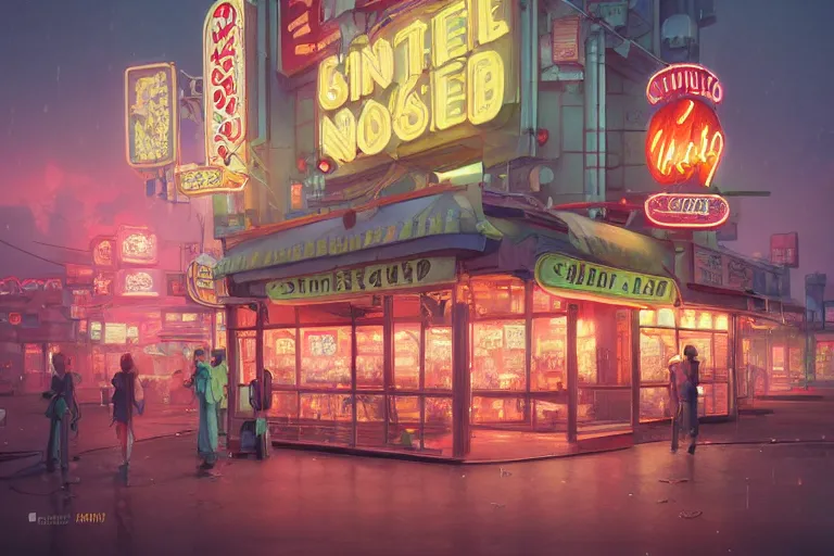 Prompt: A highly detailed matte painting of a single small building, candystore with neonsign by Studio Ghibli, Makoto Shinkai, by Artgerm, by WLOP, by Greg Rutkowski, volumetric lighting, cyberpunk, octane render, 4K resolution, trending on artstation, masterpiece