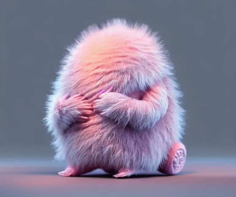 Image similar to high quality 3 d render hyperrealistic very cute small tardigrade, plush mascot, short spiky dense fluffy smooth hair, photo from the side, pink fluffy fur, 1 5 0 mm, beautiful natural soft light, rim light, vray, smooth background, artstation, ultra detailed