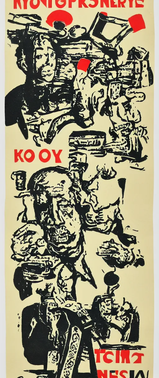 Image similar to mid-century block print propaganda poster promoting nonsense