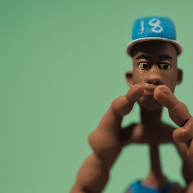 Prompt: a cinematic film still of a claymation stop motion film starring tyler the creator, shallow depth of field, 8 0 mm, f 1. 8