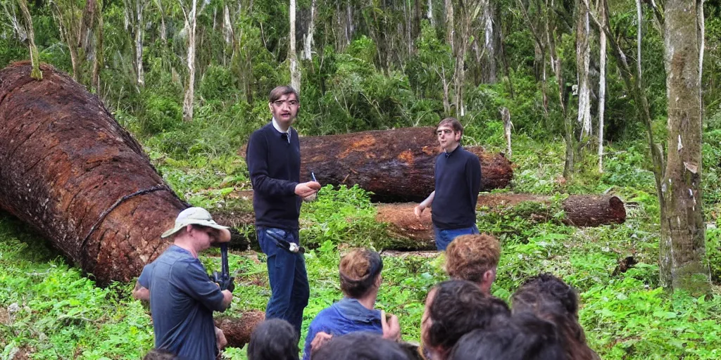 Image similar to bbc tv presenter louis theroux holding a microphone talking to kauri loggers at great barrier island, new zealand. enormous giant logs in background 1 9 2 0's