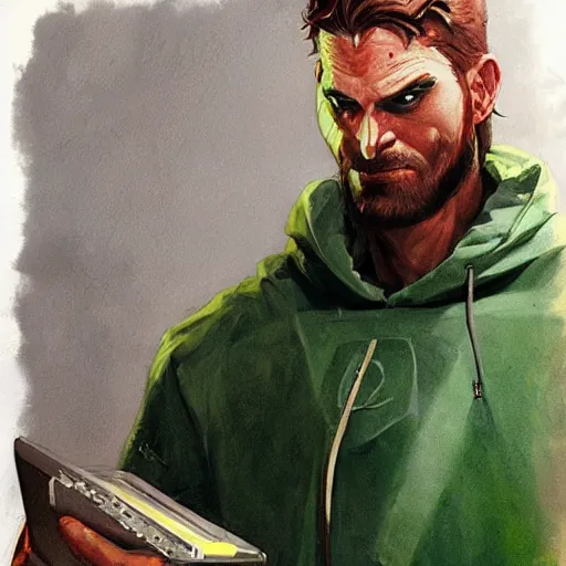 Image similar to portrait of a chad programmer with green hood by jesper ejsing