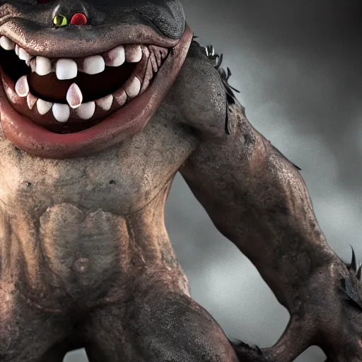 Image similar to monster with a very toothy smile, 8 k, shallow depth of field, moody lighting, ultra high detail, concept art,