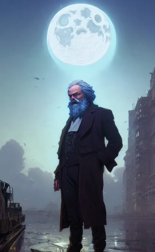 Image similar to highly detailed portrait of karl marx in gta v, stephen bliss, unreal engine, fantasy art by greg rutkowski, loish, rhads, ferdinand knab, makoto shinkai and lois van baarle, ilya kuvshinov, rossdraws, tom bagshaw, global illumination, radiant light, detailed and intricate environment, space, moon, blue