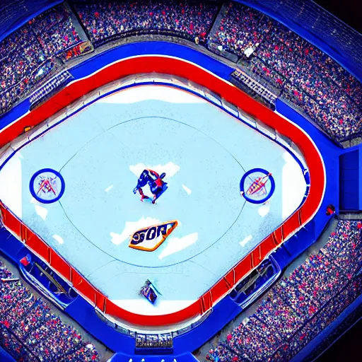 Image similar to Hockey arena game illustration, aerial view, isometric, Blizzard, EASports, intricate, elegant, highly detailed, digital painting, artstation, concept art, smooth, sharp focus, brightly lit cinematic soft lighting, photorealistic