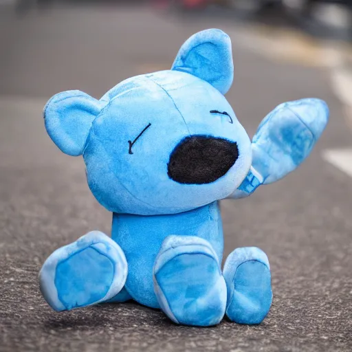 Prompt: blue'snappy gifts'plush doll, on sidewalk, gifts, happy atmosphere, high detail, soft lighting, 8 k