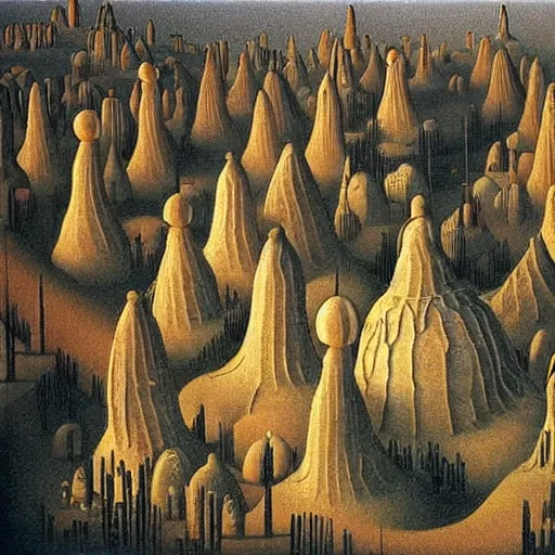 Image similar to The land art depicts a city made entirely out of kulich, a traditional Russian Easter bread. The city is bustling with activity, as people go about their day-to-day lives. The illustration is playful and whimsical, with a touch of magic. by Franz Sedlacek