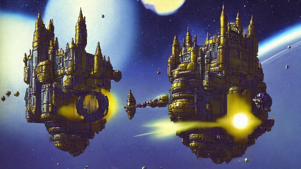 Image similar to a castle in outer space in the style of chris foss and rodger dean