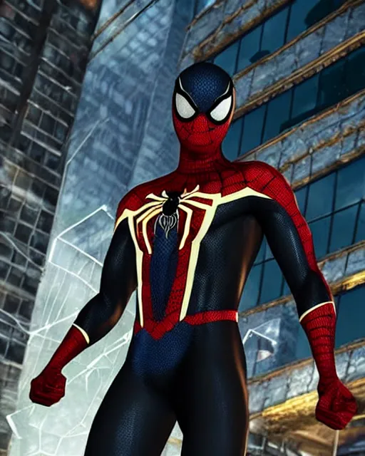 Image similar to photorealistic, hyperdetailed photograph of black spider - man suit with gold webbing by insomniac games