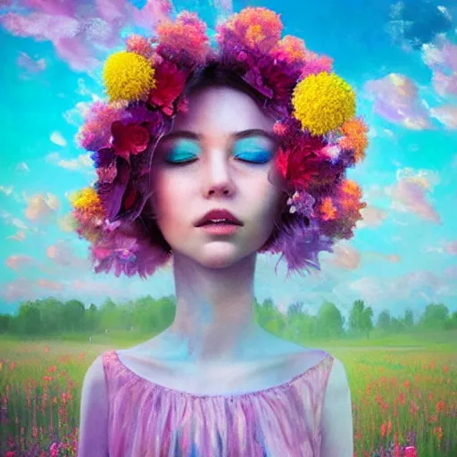 Prompt: girl with a blooming flower for a head, surreal photography, dream, standing in flower field, magical, in a valley, sunrise dramatic light, impressionist painting, colorful clouds, artstation, simon stalenhag, blooming flower face