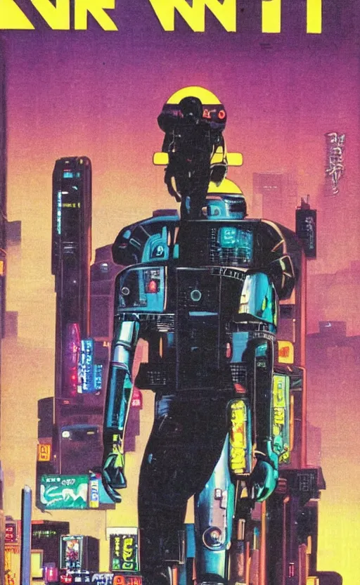 Prompt: 1979 OMNI Magazine Cover of an android raven in street level neo-Tokyo in cyberpunk 2020 style by Vincent Di Fate