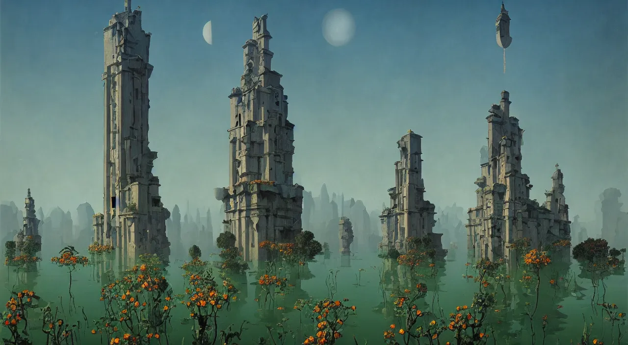 Prompt: a high contrast! painting of a minimalist flooded ancient flower tower by rene magritte simon stalenhag carl spitzweg jim burns, full-length view, vibrant colors, extremely high contrast!, symmetry, great composition, high detail, cinematic lighting, award winning masterpiece, trending on artstation