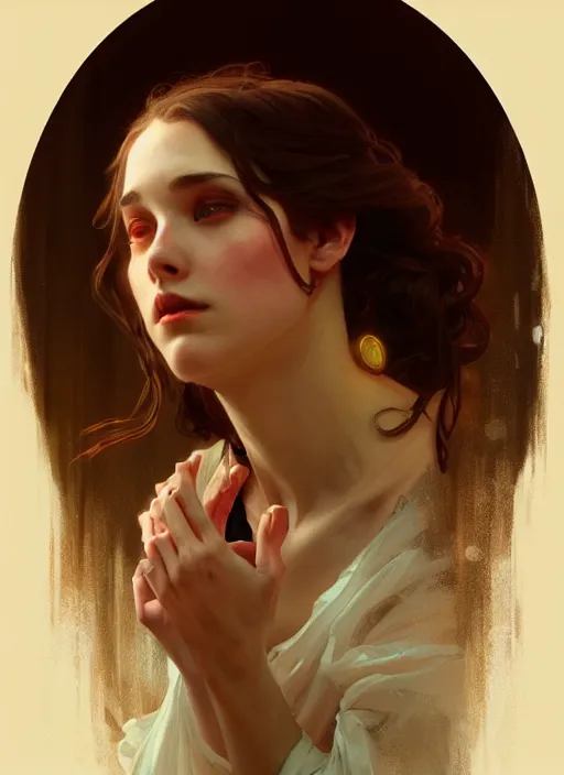 Image similar to death of a young woman in a theatre performance, digital painting, artstation, concept art, smooth, sharp focus, illustration, art by artgerm and greg rutkowski and alphonse mucha