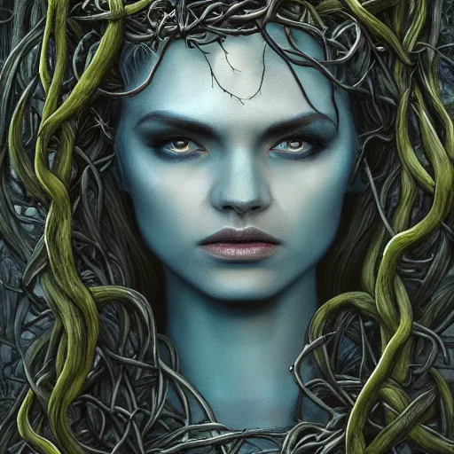 Image similar to dramatic portrait of the dark goddess of snakes, wearing a crown of thorned vines, blue skin, wrapped in snakes, realism, dark fantasy illustration, surrounded by twisting forest, dynamic lighting, detailed textures, octane render, artstation