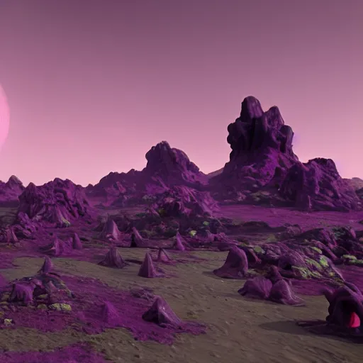 Image similar to a grotesque alien landscape, purple sky and weird alien structures, cinematic, unreal engine 5