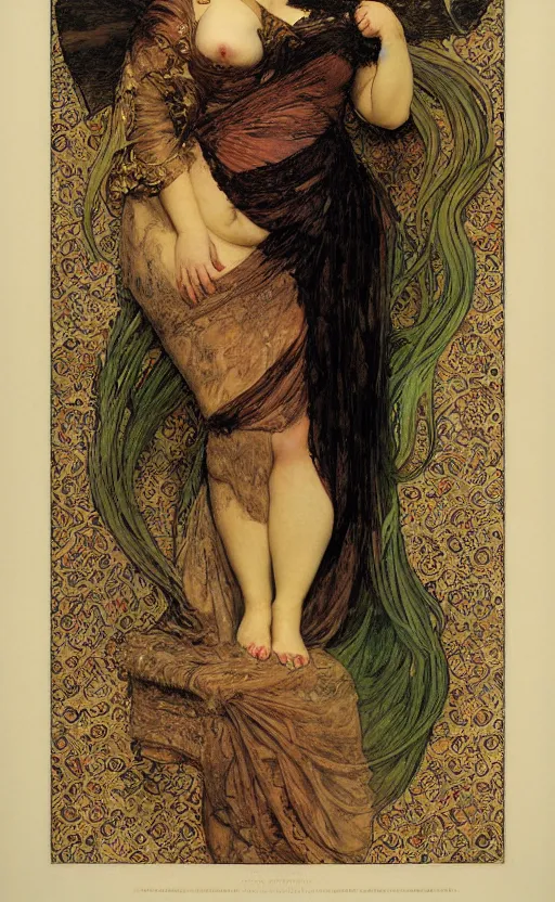 Prompt: dark sensual cryptid woman, sharp claws, curvy body, by alma tadema, by mucha