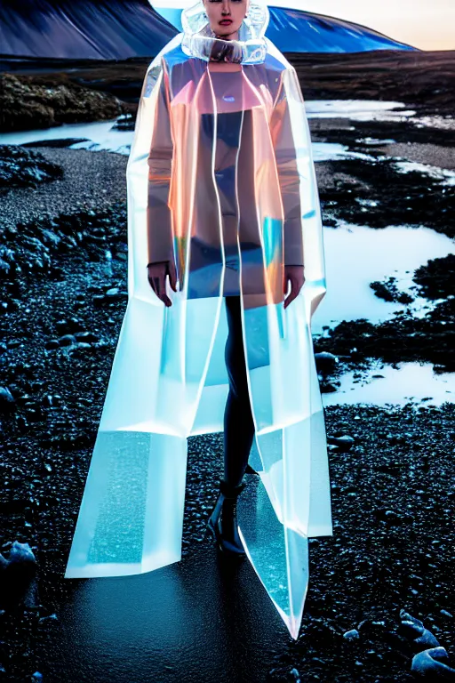 Image similar to an ultra high definition professional high fashion portrait studio full length photograph of a model wearing a transparent pearlescent raincoat and neon visor in an icelandic black rock environment at dawn. no artefacts. extremely detailed. stark. refraction. shallow depth of field. volumetric light and shadow. ray tracing. light rays.