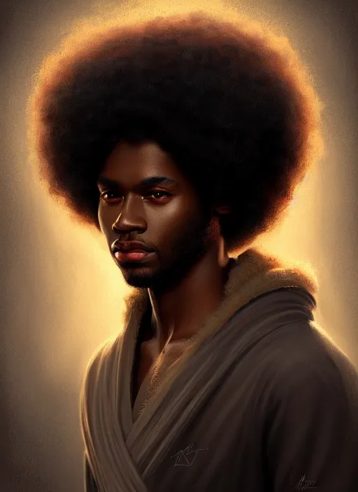 Image similar to photographic portrait of an handsome young black man with an afro, atmospheric lighting, elegant, highly detailed, digital painting, artstation, concept art, sharp focus, star wars, illustration, art by artgerm and greg rutkowski